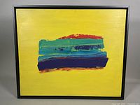 Full view of framed modernist abstract oil painting showing yellow background with horizontal brush strokes of teal, blue, and red.