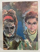 Front view of particle board oil painting with faces of a woman and child, showing peeling and nicks