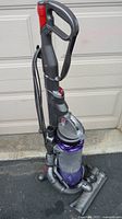 Dyson Animal Ball vacuum in upright position showing front and side views, with clear dirt canister and hose included.