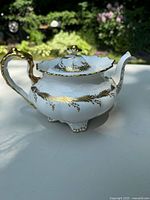 Full side view of the white Aynsley bone china teapot with gold leaf detailing and footed base on outdoor table.