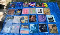 24 records laid out on blue tarp, visible album covers in grid