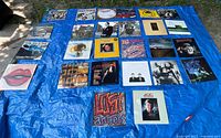 24 vinyl record covers laid out on blue tarp outdoors, view from above