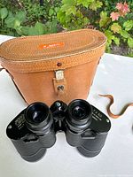 Top down view of Nikon binoculars showing 7x50 magnification markings and brown leather carrying case in background.