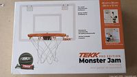 Box front showing mini basketball hoop set with backboard, rim, net, and basketball size details.