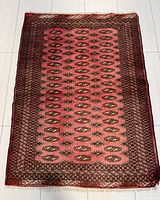 Full view of the Persian rug showing the overall design, borders, and fringe.