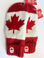 Front view of both right-hand mittens showing maple leaf design, cuffs, Olympic patch