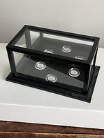 Angled front view of entire black glass display case