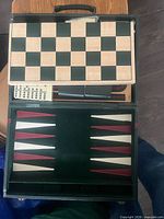 Open carry case showing chessboard lid and backgammon field