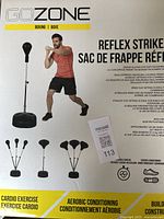 Box showing GoZone Reflex Strike Boxing Ball with exercise benefits and product details.