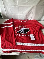 Front view of red Hockey Canada sweater showing large maple leaf and player logo with Canada text.