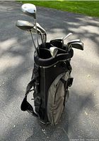 Full view of golf bag standing on pavement with clubs visible inside.