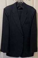 Front view of a black men's suit jacket showing two buttons and notch lapels