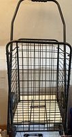 Front view of black metal wire shopping dolly showing handle, wire cage sides, and white slatted bottom platform.