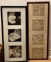 Two framed wall arts shown side by side on the floor, vertical frame with orchid photos and horizontal frame with tribal art panels