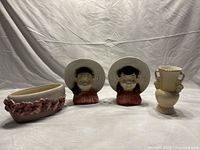 Full set of four pottery items: Dogwood oval planter, Chinese boy and girl wall pocket planters, and a handled vase.