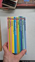 Front view showing the spines and titles of 13 Disney storybooks, held fanned in hand to display titles including The Aristocats, Peter Pan, and 101 Dalmatians.