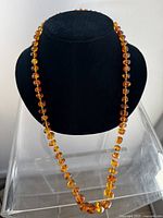 Full view of amber necklace on display bust