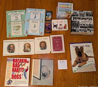 Overview of lot showing various children's books, pet books, and coffee table book arranged on floor.