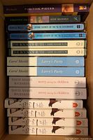 Photo showing top of box with books including 'Fugitive Pieces', 'Divine Secrets of the Ya-Ya Sisterhood', 'The Book of Ruth', 'Larry's Party', 'Mercy Among the Children', and others in duplicates.