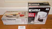 Braun Multipractic Hand Blender and Kenmore boxed 4 cup Coffee Maker on table