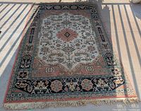 Full view of rectangular area rug laid flat with fringed ends visible