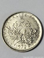 Close-up of 1972 French 5 Francs coin showing obverse side with detailed botanical design and inscriptions.