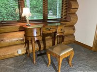 Overall view of dressing table, stool, and lamp in room