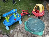 Three photos showing the colorful plastic toddler toys: Little Tikes Cozy Coupe car, Step2 water table, Little Tikes turtle sandbox with lid, and red smarTrike tricycle.