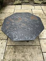 Top view of the 33 inch metal fire bowl showing rust and wear on the surface.