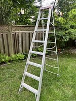 Full view of the 8ft aluminum step ladder standing open on grass against wooden fence and greenery.