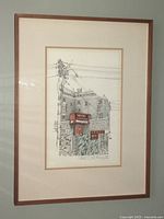 Framed print showing detailed architectural drawing of hotel building with visible city electrical wiring and red signage.