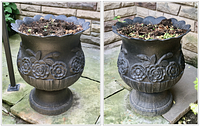 Two urns side by side on stone patio, front view