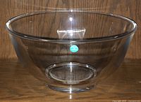 Clear glass Tiffany & Co. bowl front view showing label and bowl shape