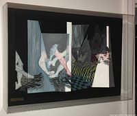 Front view of 3-D artwork by Jeannine Marois in acrylic frame, showing layered legs and checkerboard patterns.