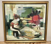 Full frontal view of framed canvas painting showing entire composition