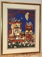 Full view of framed print with gold frame and cream mat, showing detailed folk-art style scene and night sky.