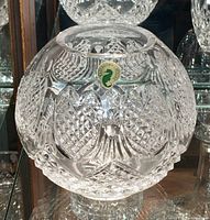 Full view of the Waterford Crystal rose bowl showing the intricate cut crystal design including diamond and leaf patterns.