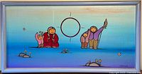 Full view of framed acrylic painting showing traditional Ojibwe figures surrounding a red circle symbol.