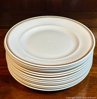 Stack of 13 white Spode fine bone china dinner plates with gold floral decorative rim pattern.