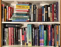 Full view of three shelves filled with various books.
