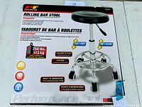 Photo of the product box showing a picture of the rolling bar stool and its features.