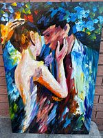 Full view of the colorful impressionist oil painting depicting a couple embracing, showing vivid textured brush strokes.