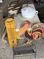 Overview of all lot items (thermometer, rooster, rack, tureen, coat rack, duck decoy)