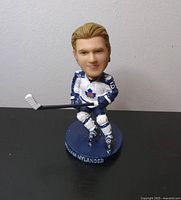 Front view of William Nylander Toronto Marlies hockey bobblehead on a dark surface with visible inscriptions on the base.