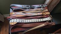 Seven men's belts arranged flat showing different colors, materials and styles.