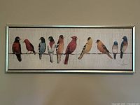 Full view of the framed print with birds perched on wire across the image.
