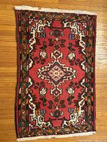 Full view of the small Persian rug displaying the central medallion and floral pattern in red, cream, blue and brown.