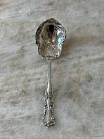 Full view of the sterling silver serving spoon showing entire length and ornate design.