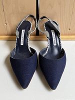 Front view showing pointed-toe fronts and slingback straps