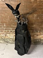 Full size black golf bag with left-handed golf clubs and Playboy head cover against brick wall background.